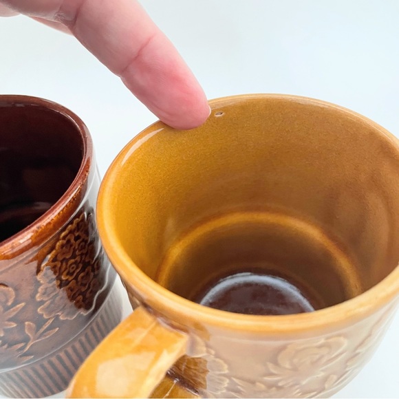 1970s Vintage Stackable Gold Brown Mugs Cups Floral Design Made in Japan - Picture 10 of 11